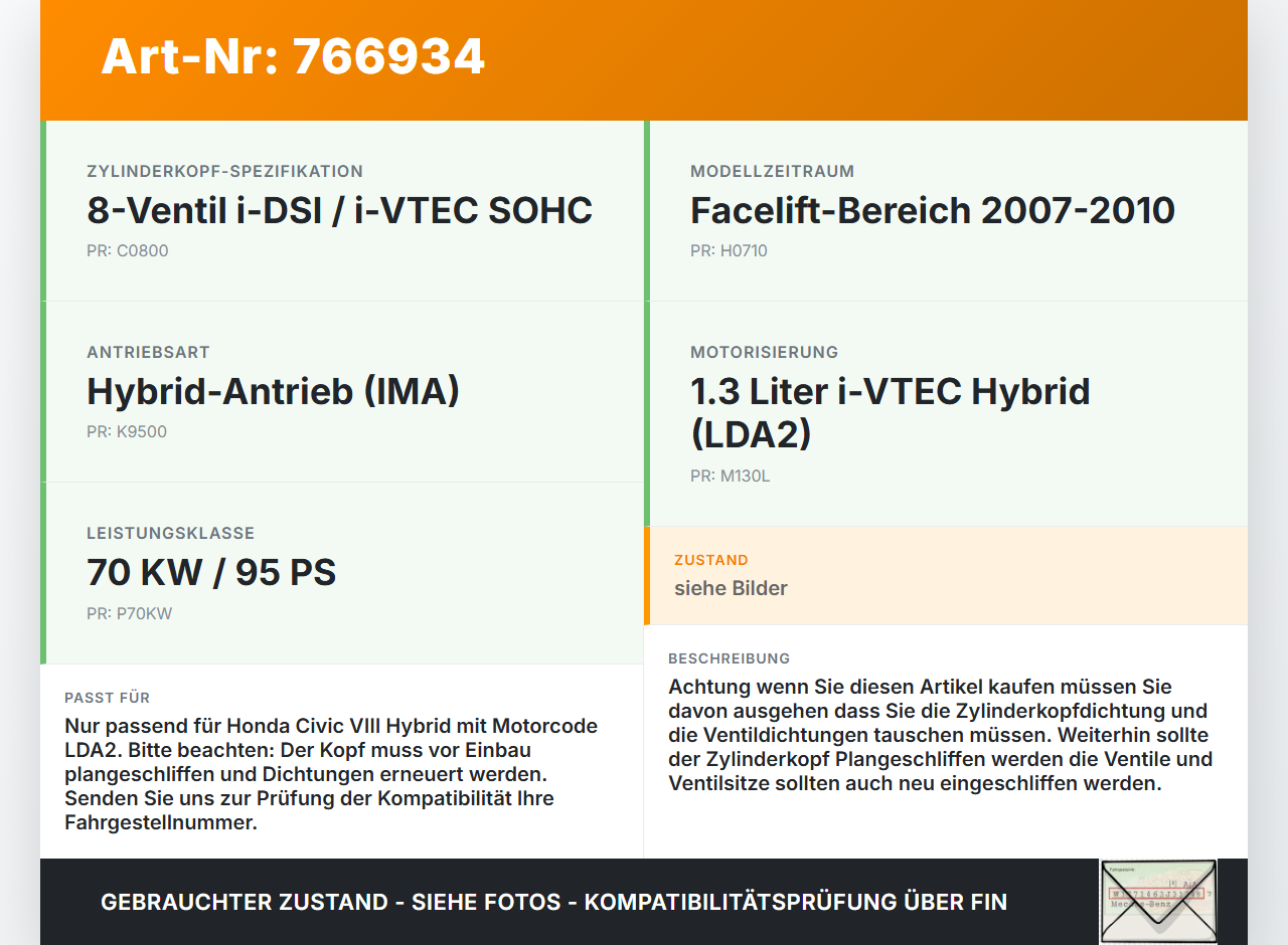 Honda Civic VIII Hybrid 07-10 1,3 70KW LDA2 Zylinderkopf Honda Civic VIII Hybrid 07-10 01.01.2008 gebraucht Vorschau 3