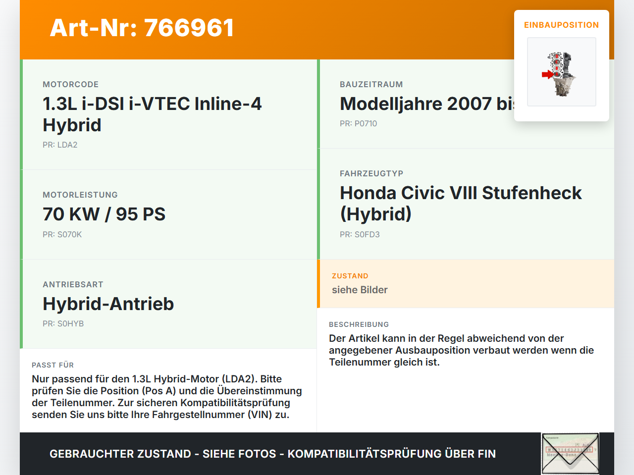 Honda Civic VIII Hybrid 07-10 1,3 70KW LDA2 Kolben mit Pleuel Pos A Honda Civic VIII Hybrid 07-10 01.01.2008... Vorschau 3