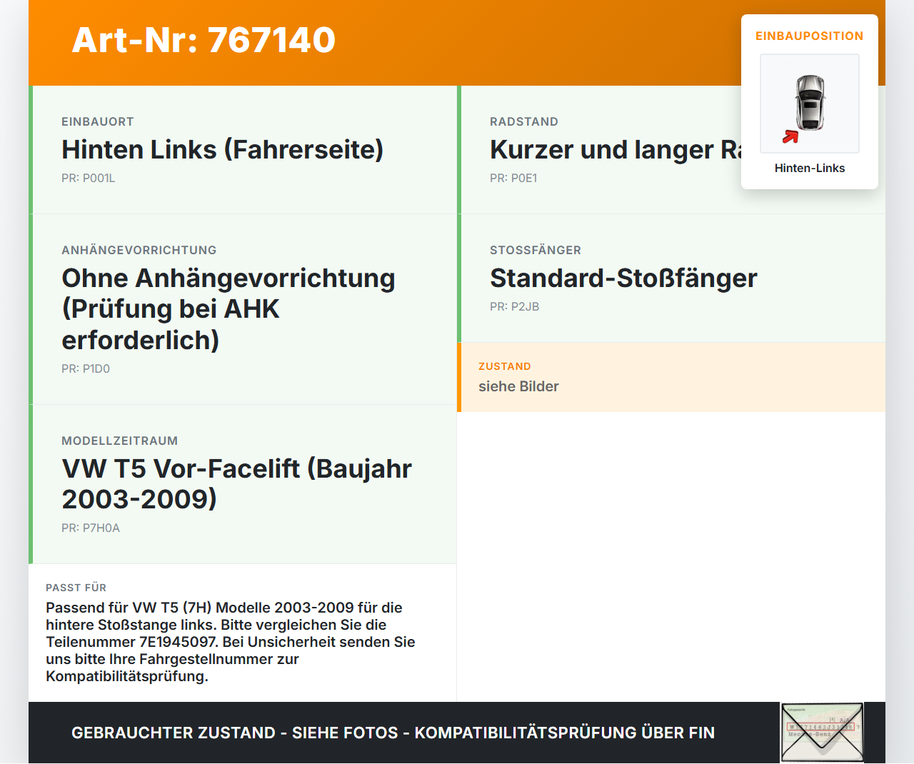 VW T5 7H 03-09 Reflektor für Stoßstange Hinten Links VW T5 7H 03-09 13.07.2006 7E1945097 gebraucht Vorschau 3