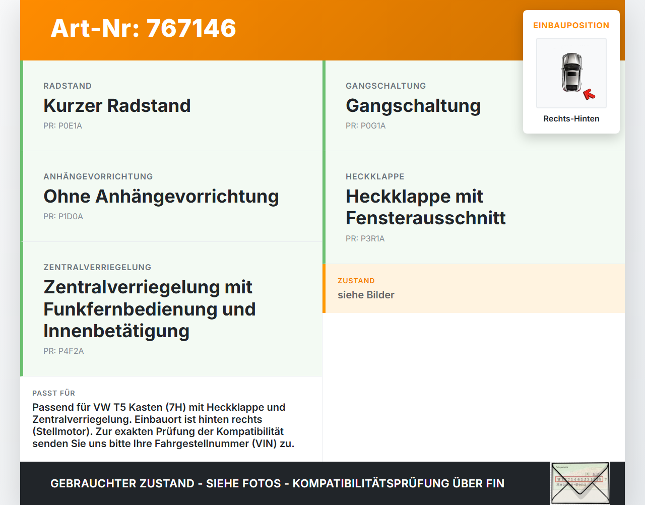 VW T5 7H 03-09 Kasten Türschloss m. ZV Stellmotor Rechts Hinten für Heckklappe VW T5 7H 03-09 13.07.2006 gebraucht Vorschau 3