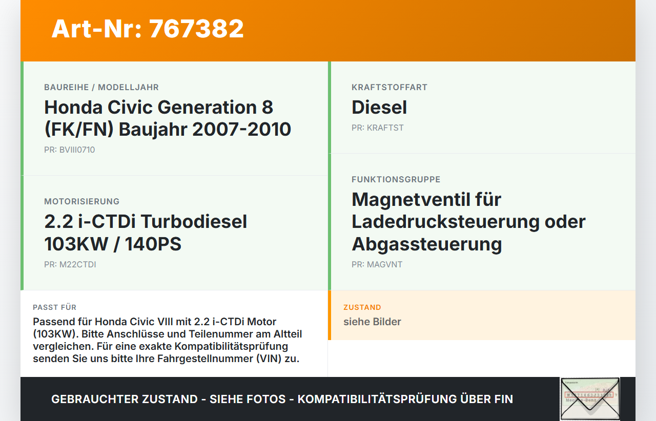Honda Civic VIII 07-10 i-CTDi 2,2 103KW Magnetventil Honda Civic VIII 07-10 31.01.2008 gebraucht Vorschau 3