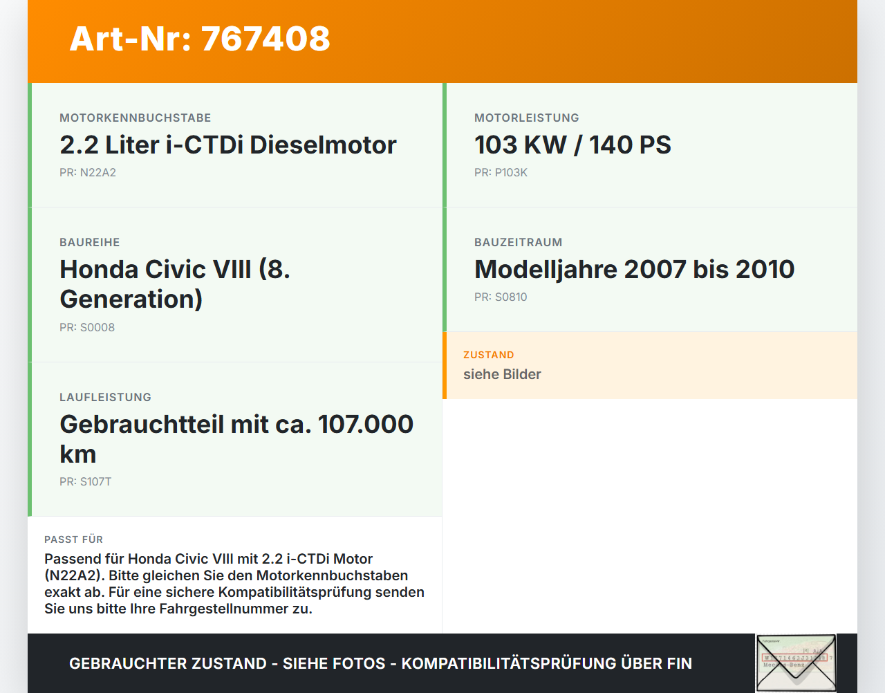Honda Civic VIII 07-10 i-CTDi 2,2 103KW N22A2 Ausgleichswelle Honda Civic VIII 07-10 31.01.2008 gebraucht Vorschau 3