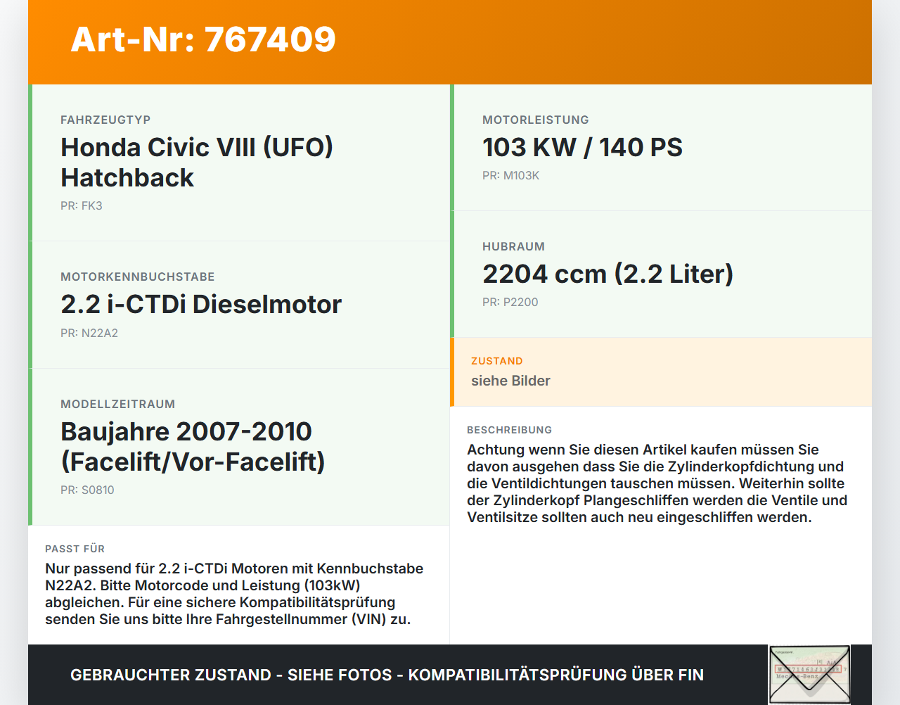 Honda Civic VIII 07-10 i-CTDi 2,2 103KW N22A2 Zylinderkopf Honda Civic VIII 07-10 31.01.2008 gebraucht Vorschau 3