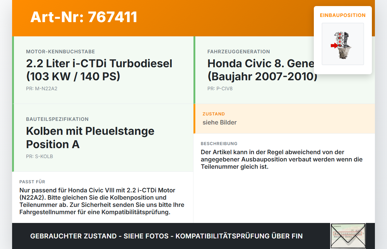 Honda Civic VIII 07-10 i-CTDi 2,2 103KW N22A2 Kolben mit Pleuel Pos A Honda Civic VIII 07-10 31.01.2008 gebraucht Vorschau 3