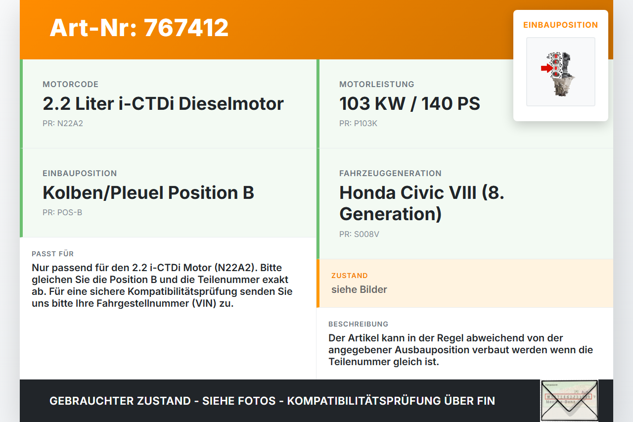 Honda Civic VIII 07-10 i-CTDi 2,2 103KW N22A2 Kolben mit Pleuel Pos B Honda Civic VIII 07-10 31.01.2008 gebraucht Vorschau 3