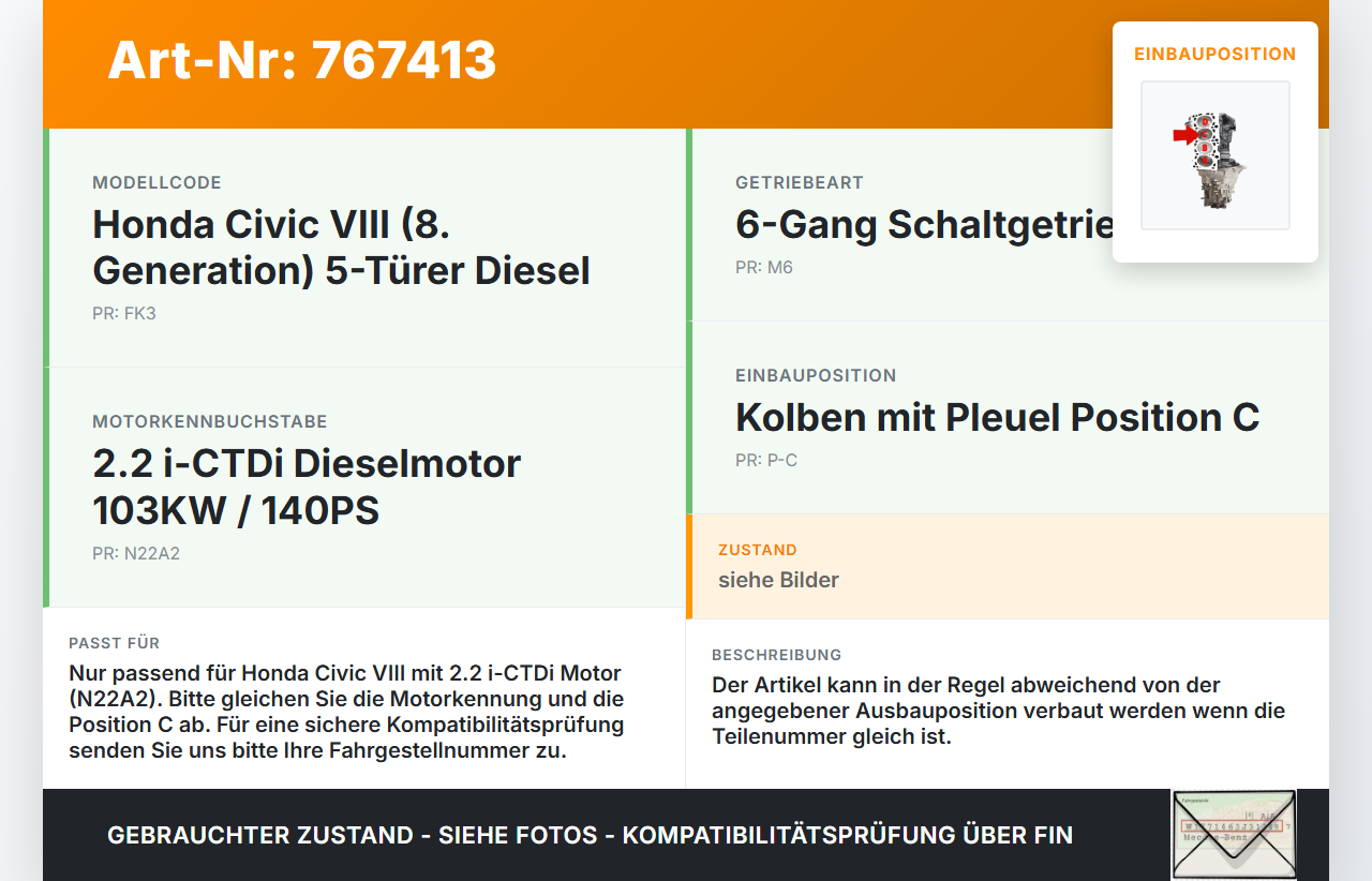 Honda Civic VIII 07-10 i-CTDi 2,2 103KW N22A2 Kolben mit Pleuel Pos C Honda Civic VIII 07-10 31.01.2008 gebraucht Vorschau 3