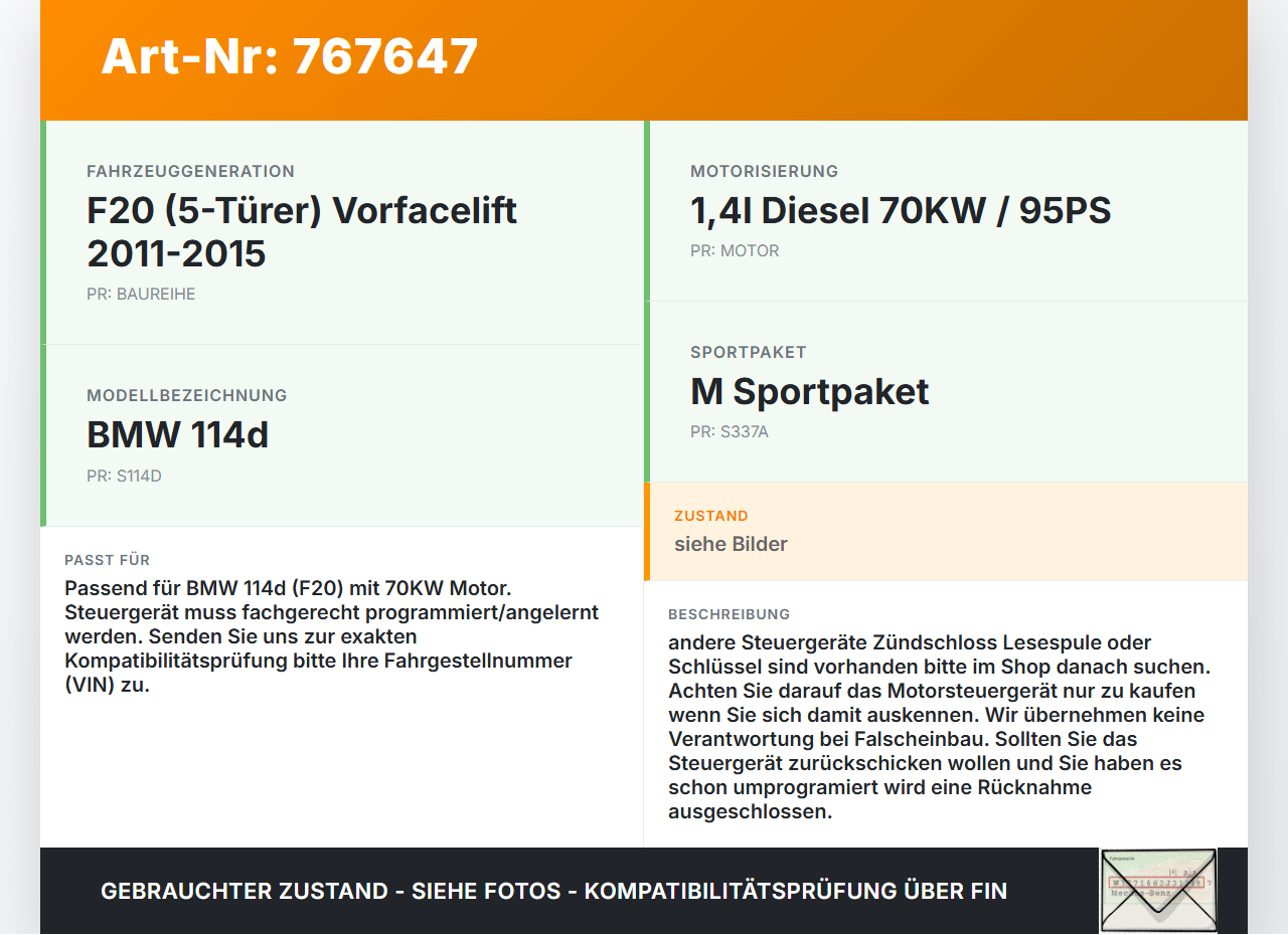 BMW 1er 114d F20 11-15 1,4d 70KW Steuergerät ECU für Motor Motorsteuergerät BMW 1er 114d F20 11-15 21.04.2015... Vorschau 3