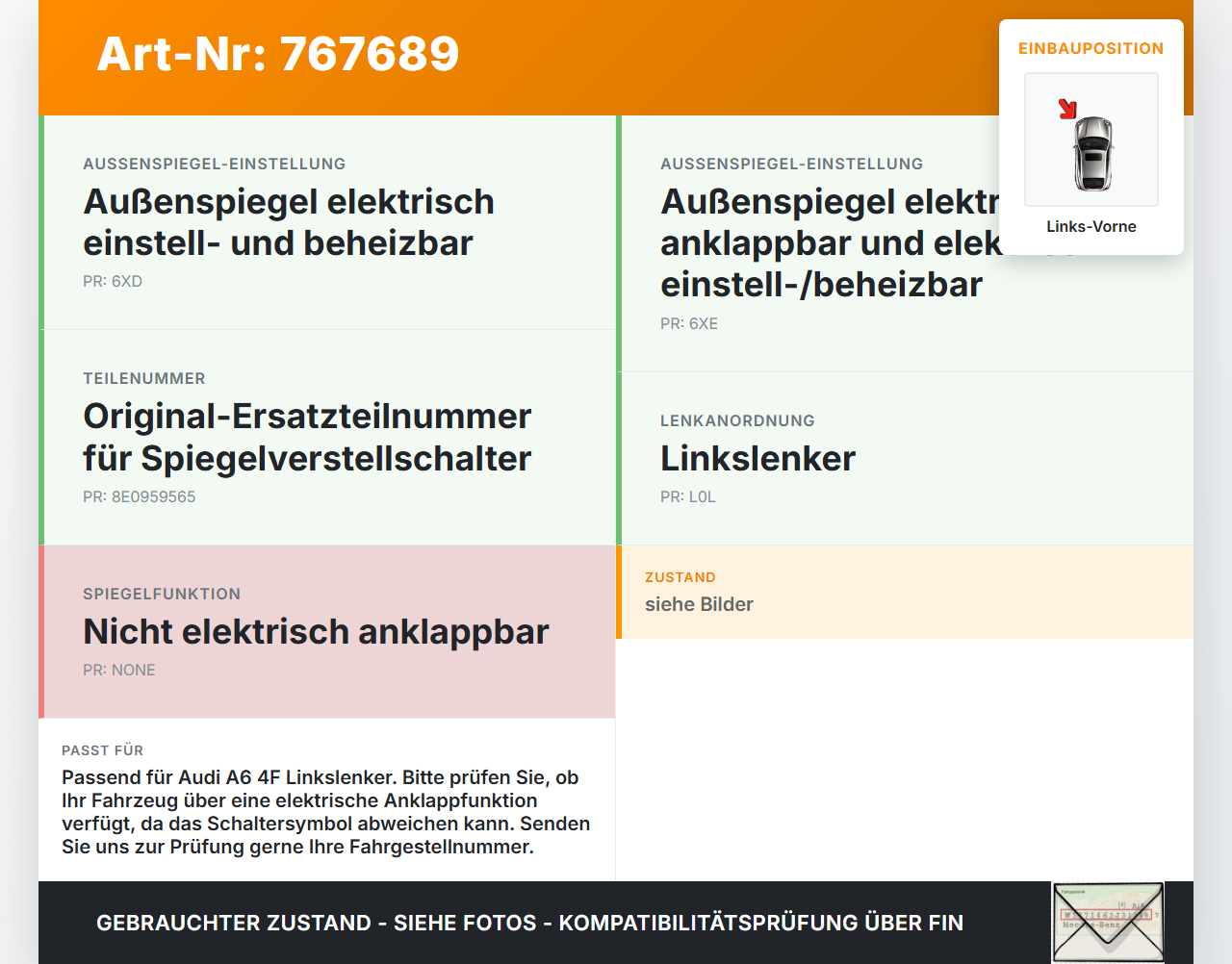 Audi A6 4F C6 05-08 Spiegelverstellung Aussenspiegel Schalter Links Vorne Audi A6 4F C6 05-08 12.10.2005 8E0959565... Vorschau 3
