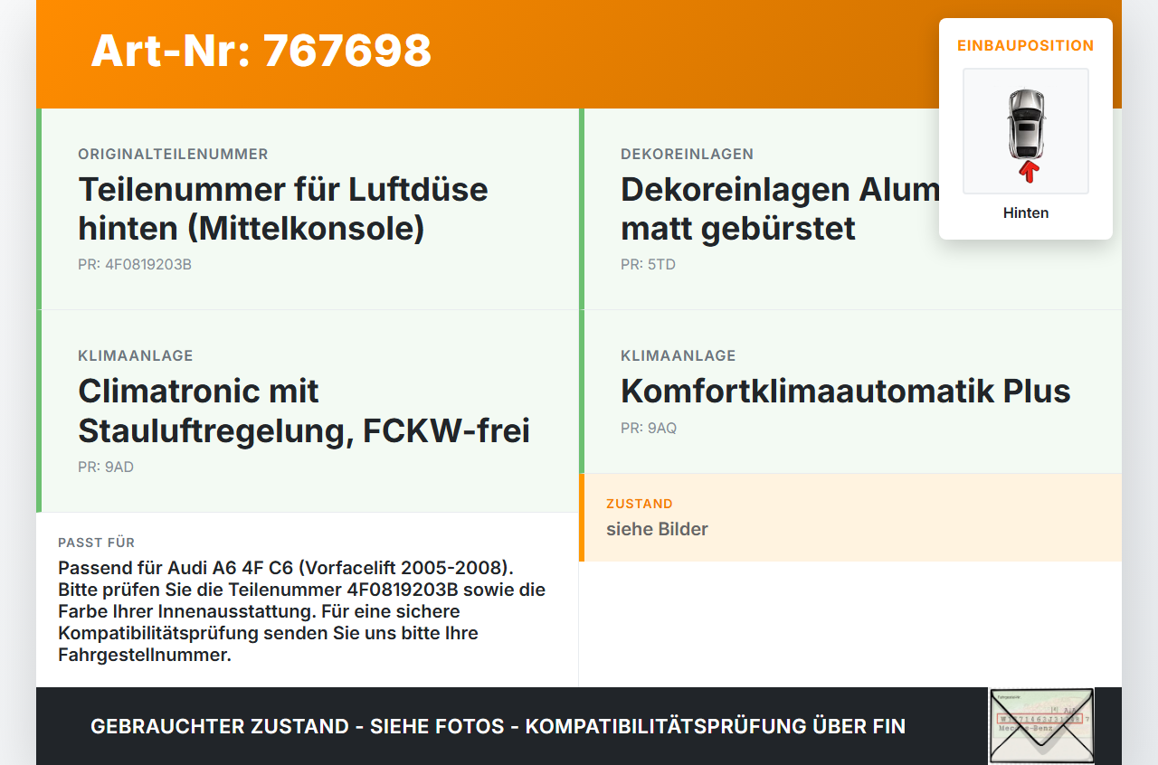 Audi A6 4F C6 05-08 Luftdusche Luftdüse Mitte Hinten Audi A6 4F C6 05-08 12.10.2005 4F0819203B gebraucht Vorschau 3