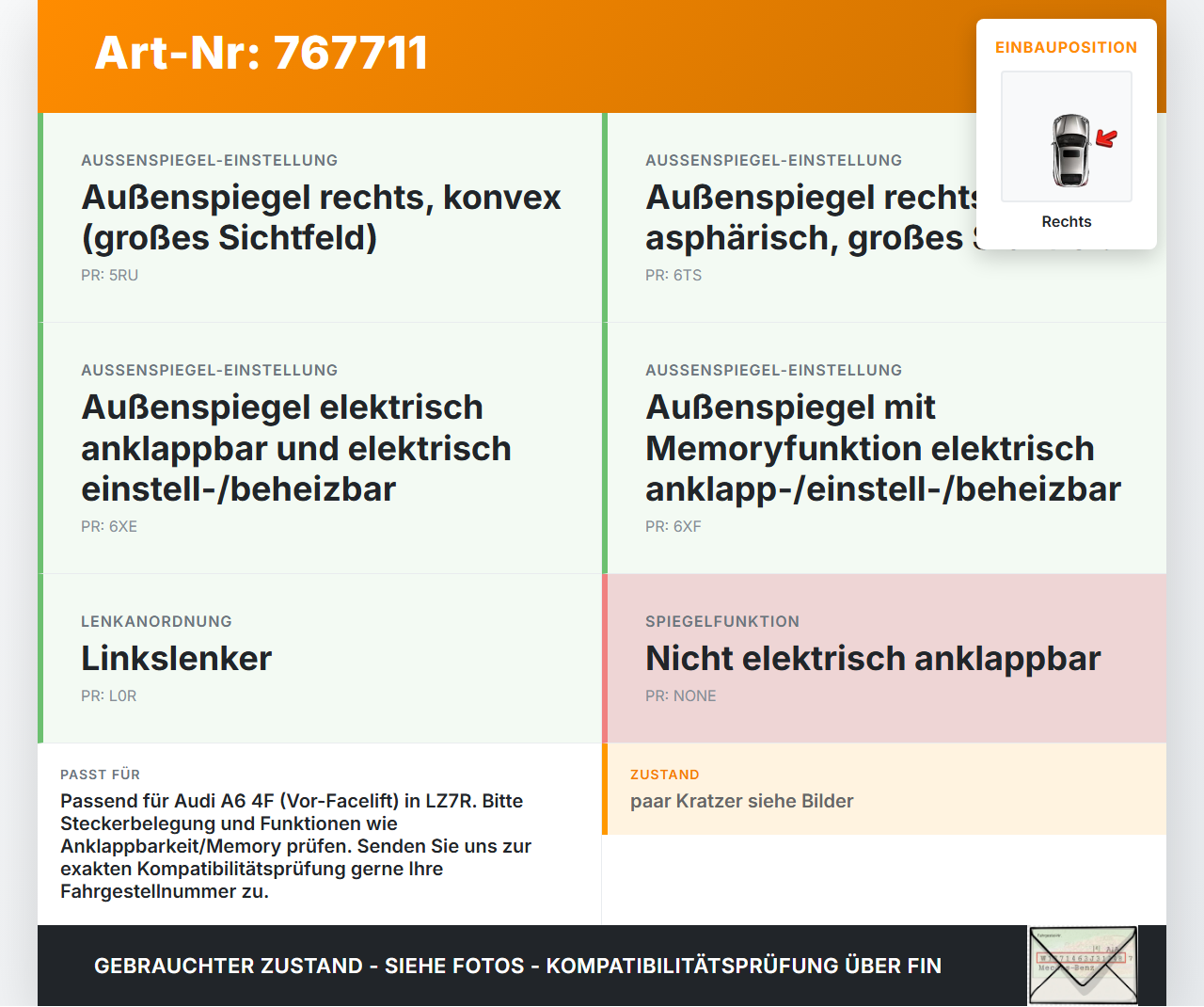 Audi A6 4F C6 05-08 Spiegel Aussenspiegel Rechts LZ7R Audi A6 4F C6 05-08 12.10.2005 gebraucht Vorschau 3