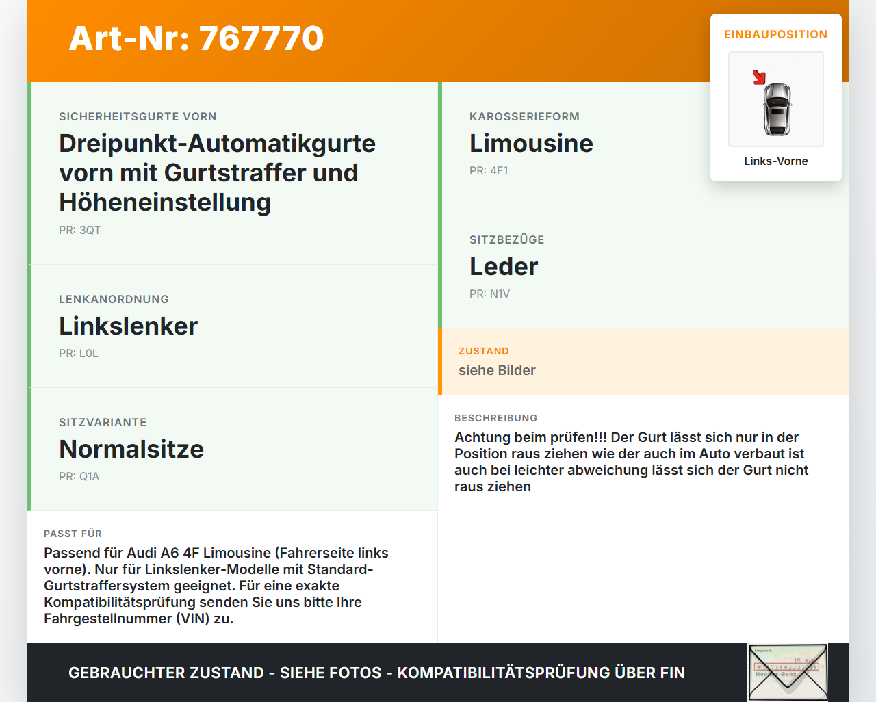 Audi A6 4F C6 05-08 Lim Gurt Sicherheitsgurt m. Gurtstraffer Fahrer Links Vorne Audi A6 4F C6 05-08 12.10.2005... Vorschau 3