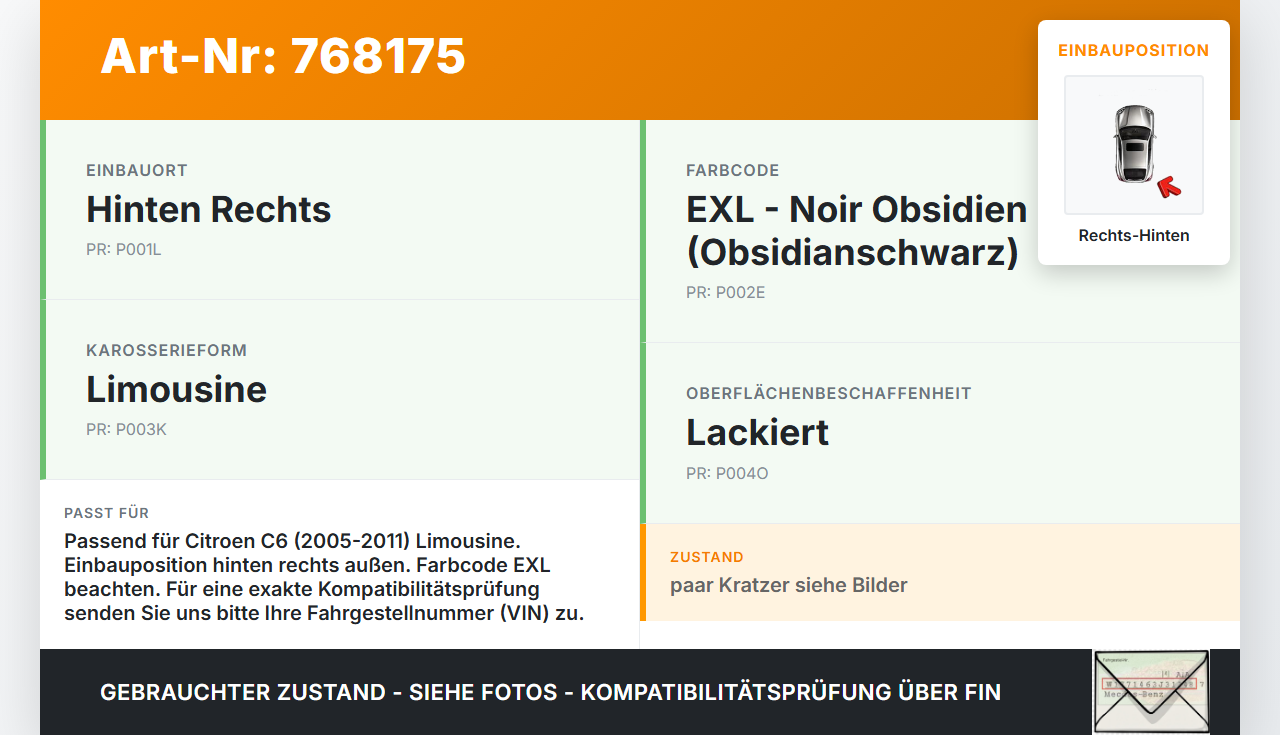 Citroen C6 05-11 Lim Türleiste Beplankung Rechts Hinten Aussen EXL Citroen C6 05-11 01.01.2006 9660922077 gebraucht Vorschau 3