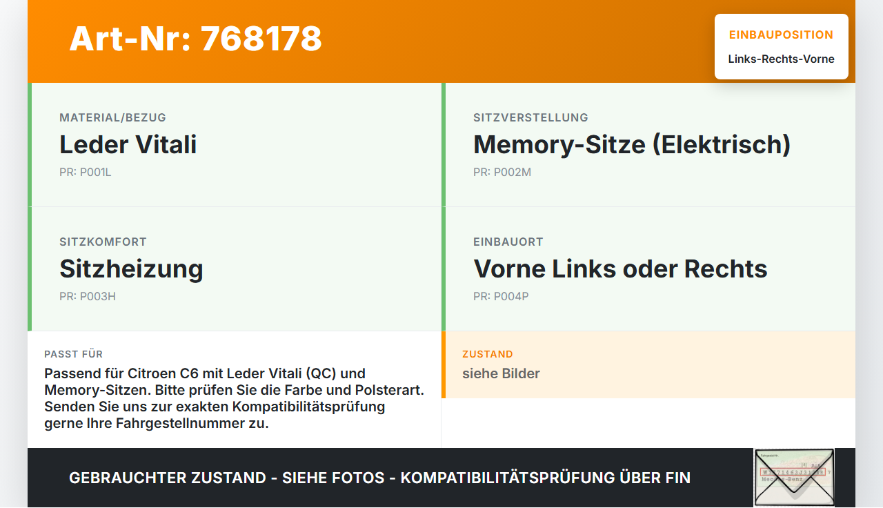 Citroen C6 05-11 Leder Kopfstütze für Fahrer Sitz Rechts oder Links Vorne Citroen C6 05-11 01.01.2006 gebraucht Vorschau 3