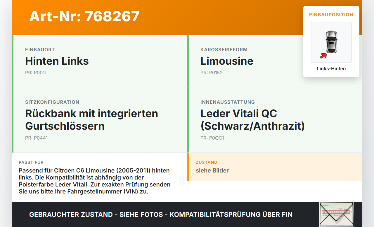 Citroen C6 05-11 Lim Gurtschloss Links Hinten Citroen C6 05-11 01.01.2006 7063281 gebraucht Vorschau 3