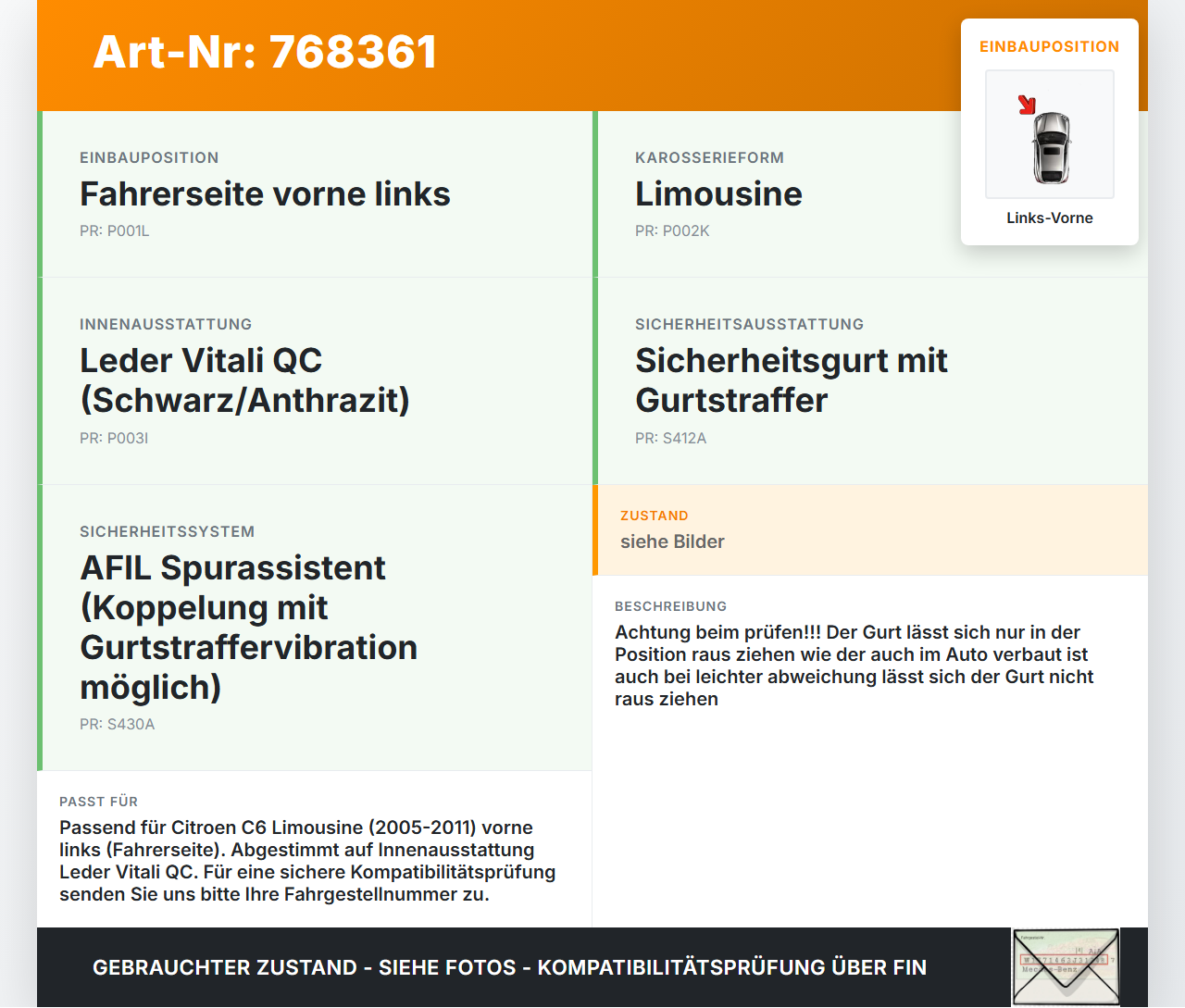 Citroen C6 05-11 Lim Gurt Sicherheitsgurt m. Gurtstraffer für Fahrer Links Vorne Citroen C6 05-11 01.01.2006... Vorschau 3