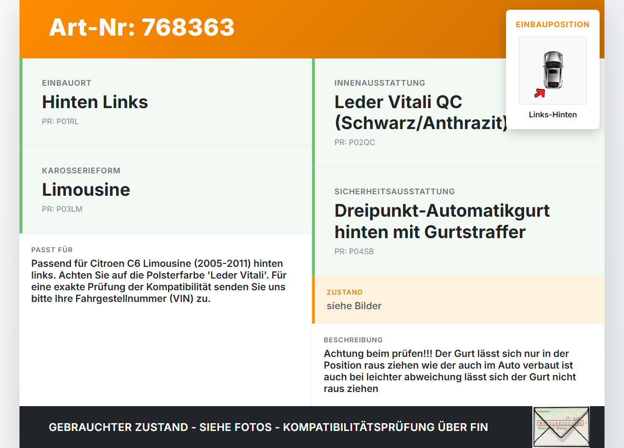 Citroen C6 05-11 Lim Gurt Sicherheitsgurt Gurtstraffer Links Hinten Citroen C6 05-11 01.01.2006 gebraucht Vorschau 3