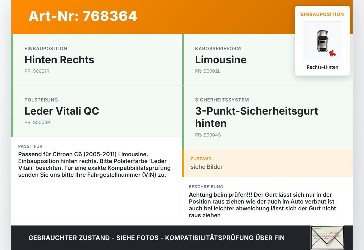 Citroen C6 05-11 Lim Gurt Sicherheitsgurt Gurtstraffer Rechts Hinten Citroen C6 05-11 01.01.2006 gebraucht Vorschau 3