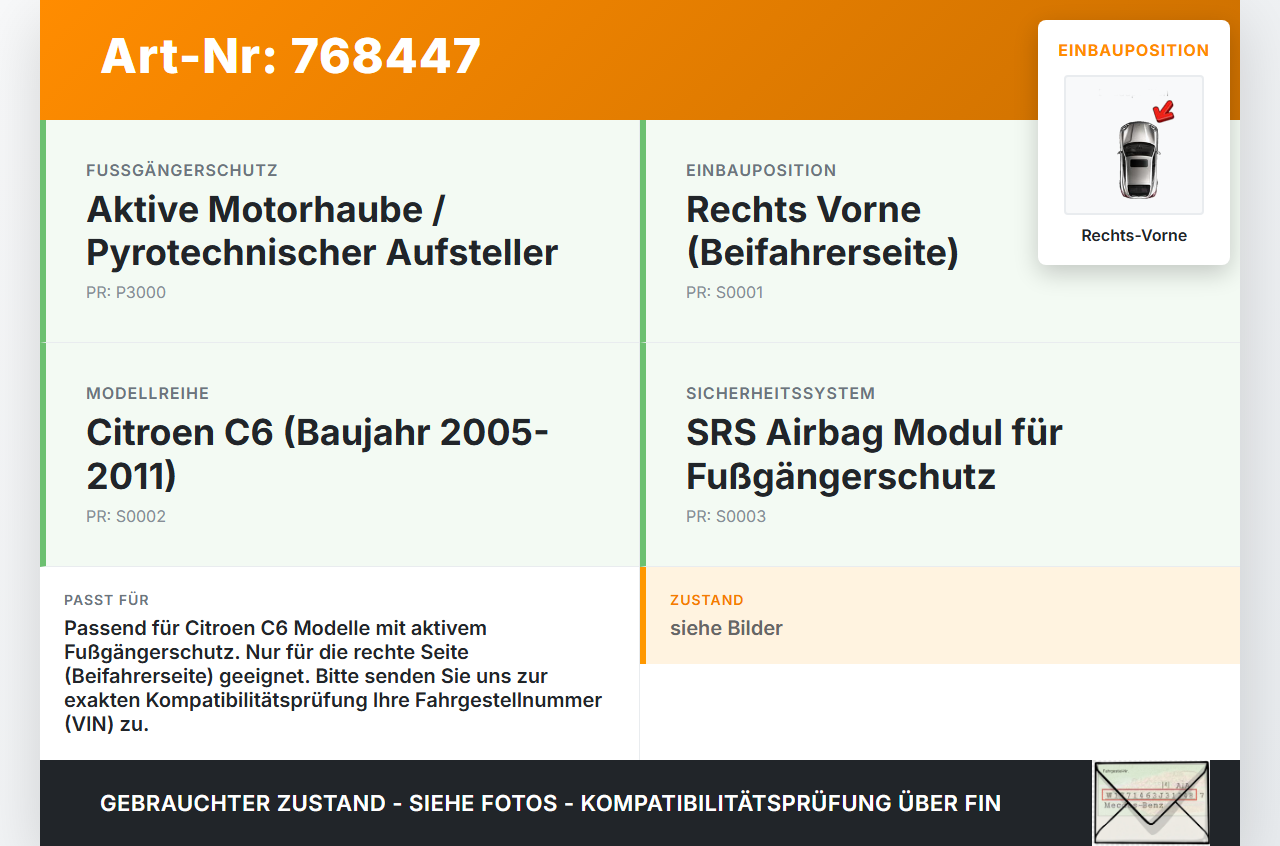 Citroen C6 05-11 SRS Motorhaubenmodul Passantenschutz Rechts Vorne Citroen C6 05-11 01.01.2006 30001888 gebraucht Vorschau 3