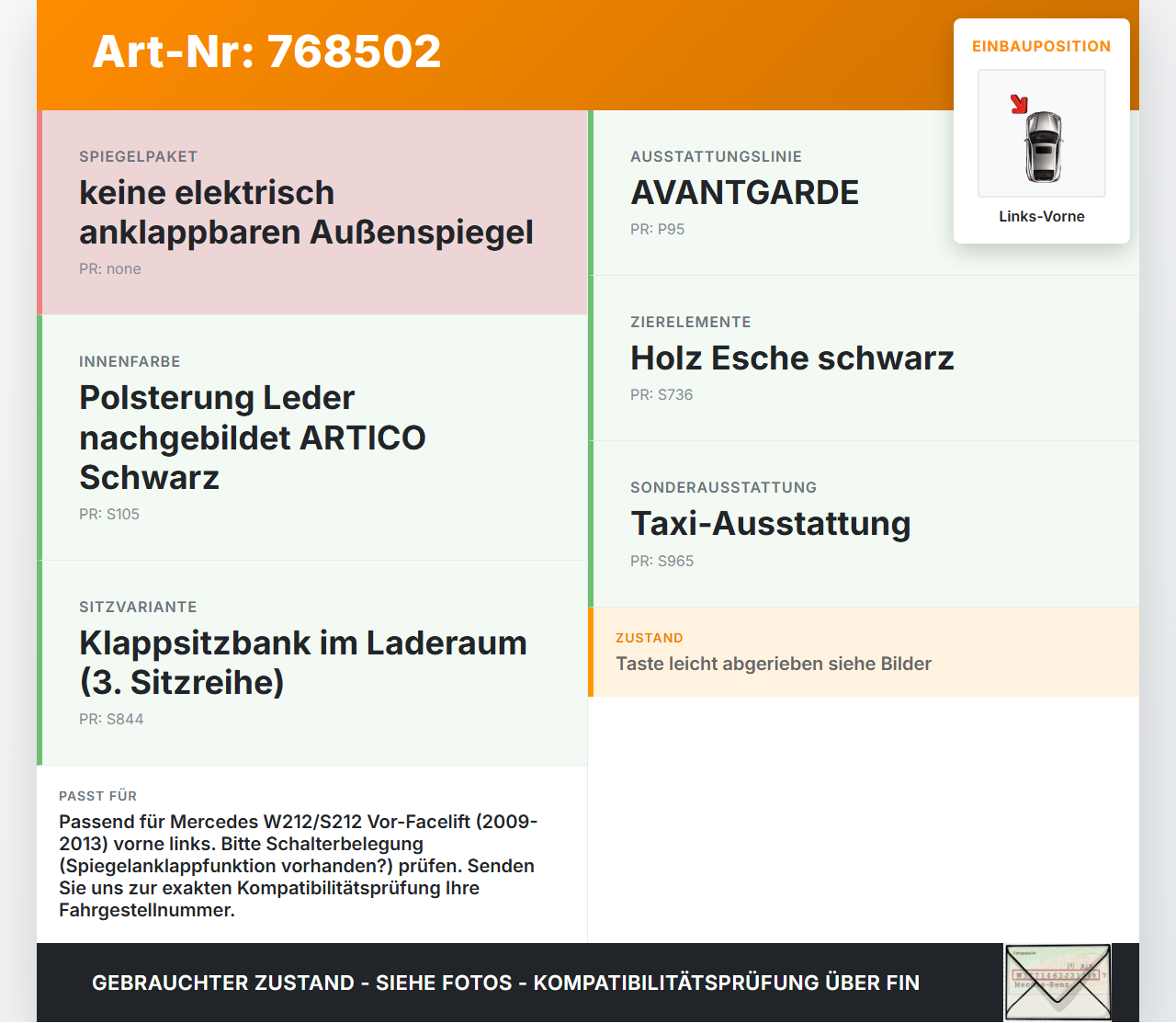 Mercedes W212 S212 E200 09-13 Kombi Fensterheberschalter Schalter Links Vorne Mercedes W212 S212 E200 09-13... Vorschau 3
