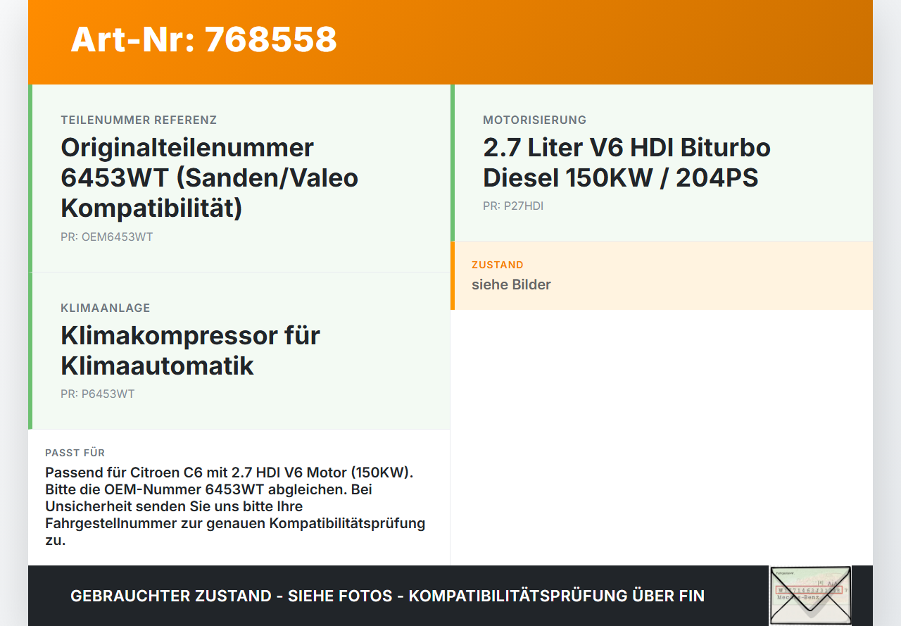 Citroen C6 05-11 HDI 2,7 150KW Klimakompressor Klima Kompressor Citroen C6 05-11 01.01.2006 9663315680 gebraucht Vorschau 3