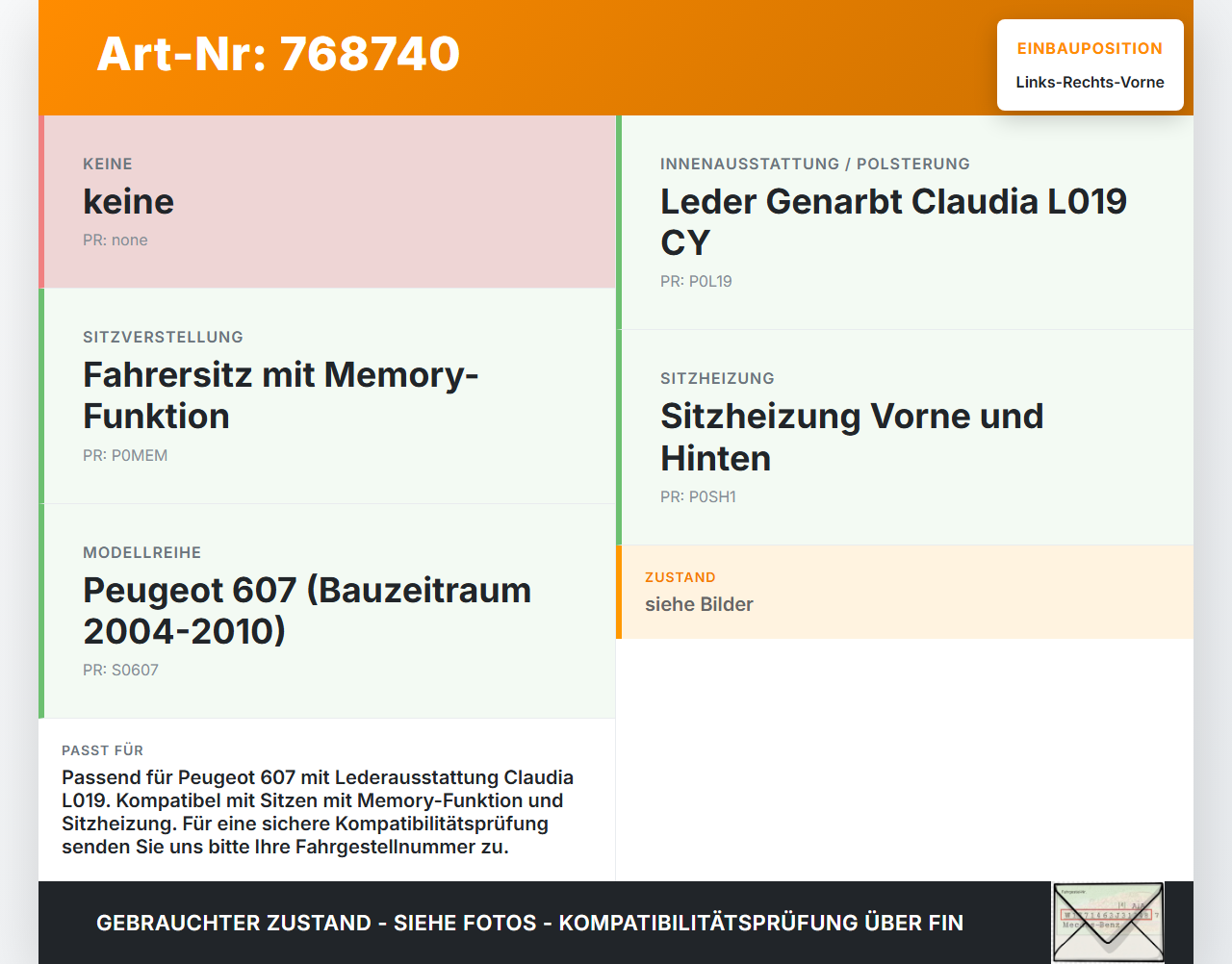 Peugeot 607 04-10 Leder Kopfstütze für Fahrer Sitz Rechts oder Links Vorne Peugeot 607 04-10 18.08.2006 gebraucht Vorschau 3