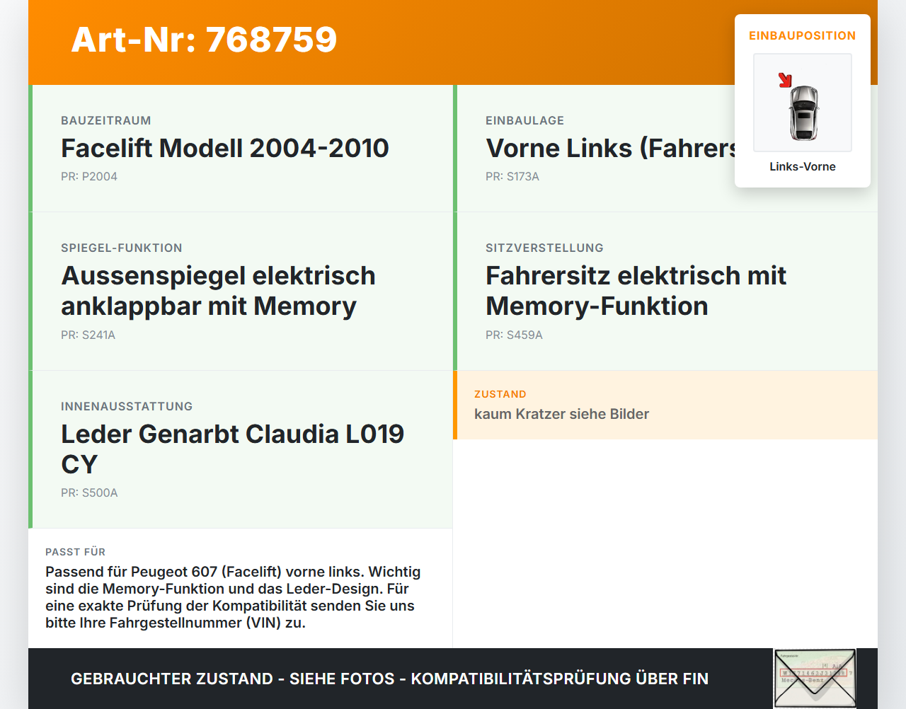 Peugeot 607 04-10 Blende Einbaurahmen für Türgriff Innen Links Vorne Peugeot 607 04-10 18.08.2006 gebraucht Vorschau 3