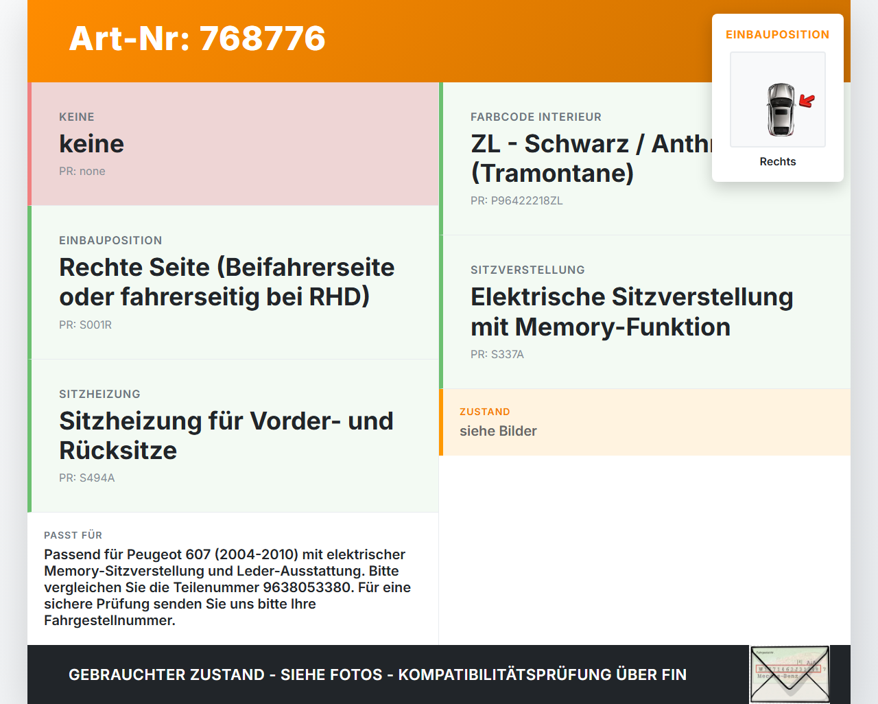 Peugeot 607 04-10 Schalter Rechts für Sitzverstellung Peugeot 607 04-10 18.08.2006 9638053380 96422218ZL gebraucht Vorschau 3