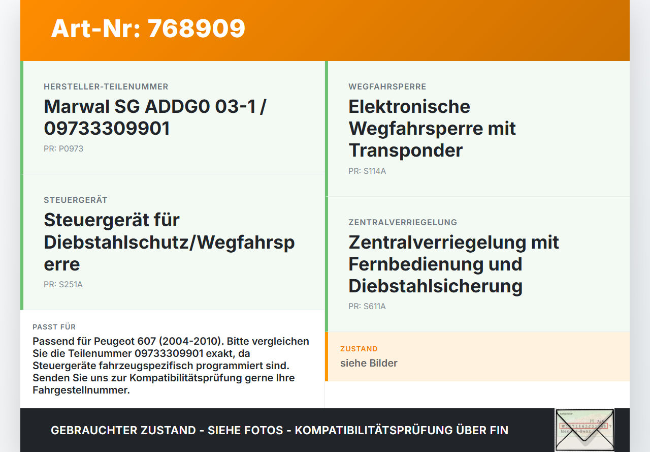 Peugeot 607 04-10 Steuergerät Marwal SG ADDG0 03-1 Wegfahrsperre Peugeot 607 04-10 18.08.2006 9647428280-01... Vorschau 3