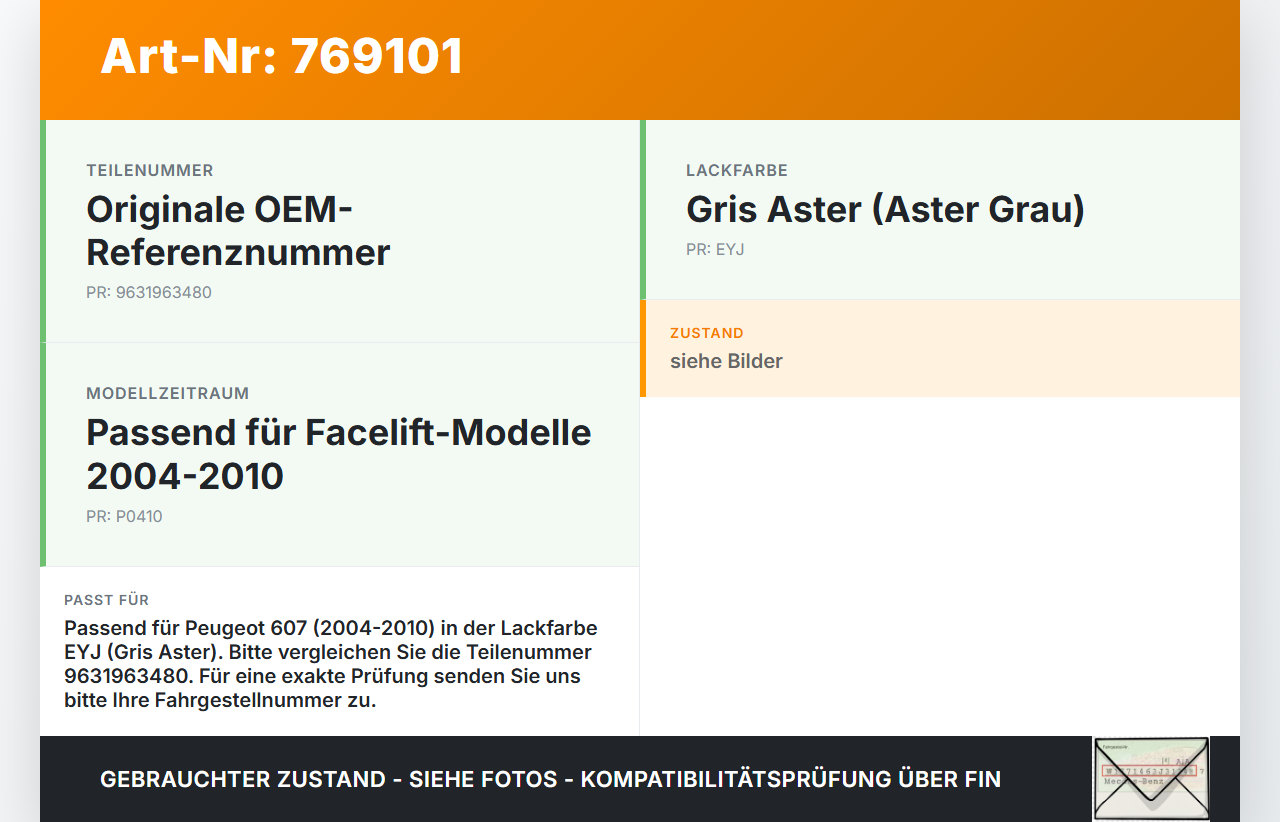 Peugeot 607 04-10 Tankdeckel Tankklappe EYJ Peugeot 607 04-10 18.08.2006 9631963480 gebraucht Vorschau 3