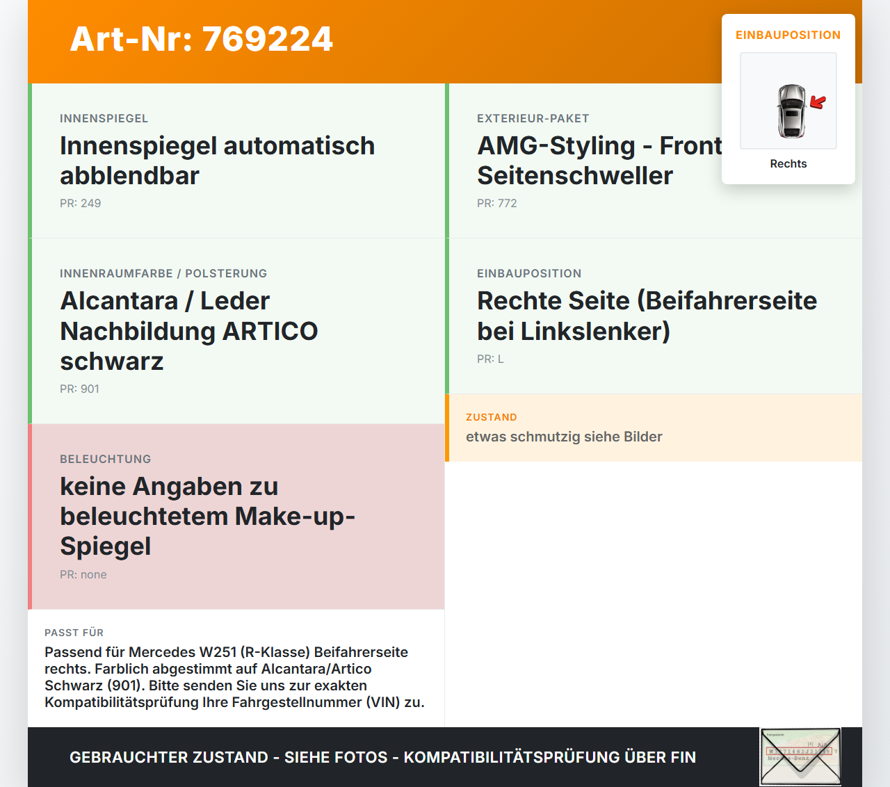 Mercedes W251 R300 07-10 Sonnenblende Rechts für Beifahrer Mercedes W251 R300 07-10 03.07.2008 gebraucht Vorschau 3