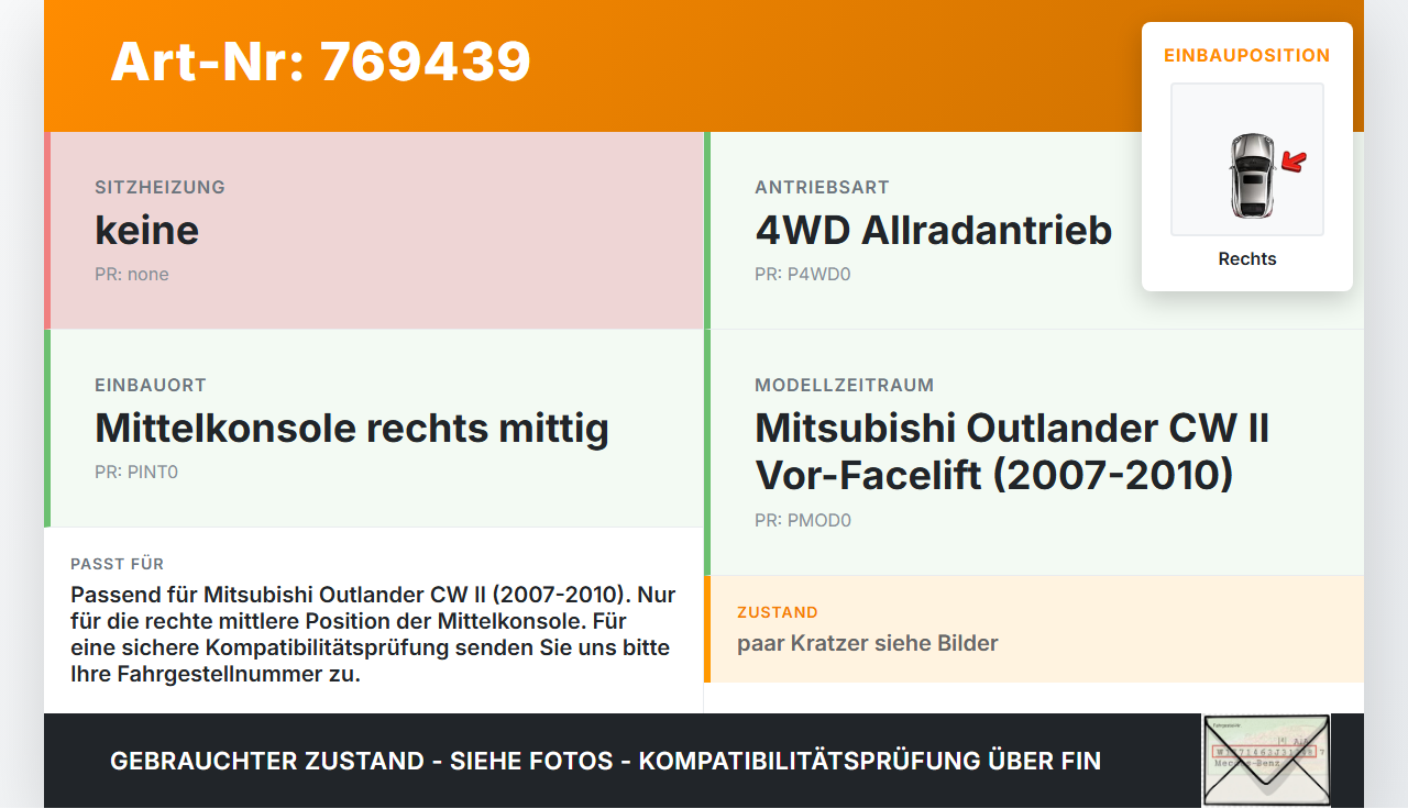Mitsubishi Outlander CW II 07-10 Blende Innen Rechts Mitte für Mittelkonsole Mitsubishi Outlander CW II 07-10... Vorschau 3
