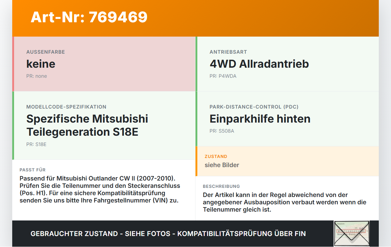 Mitsubishi Outlander CW II 07-10 Abstands Sensor Parksensor PDC Pos.H1 S18E Mitsubishi Outlander CW II 07-10... Vorschau 3
