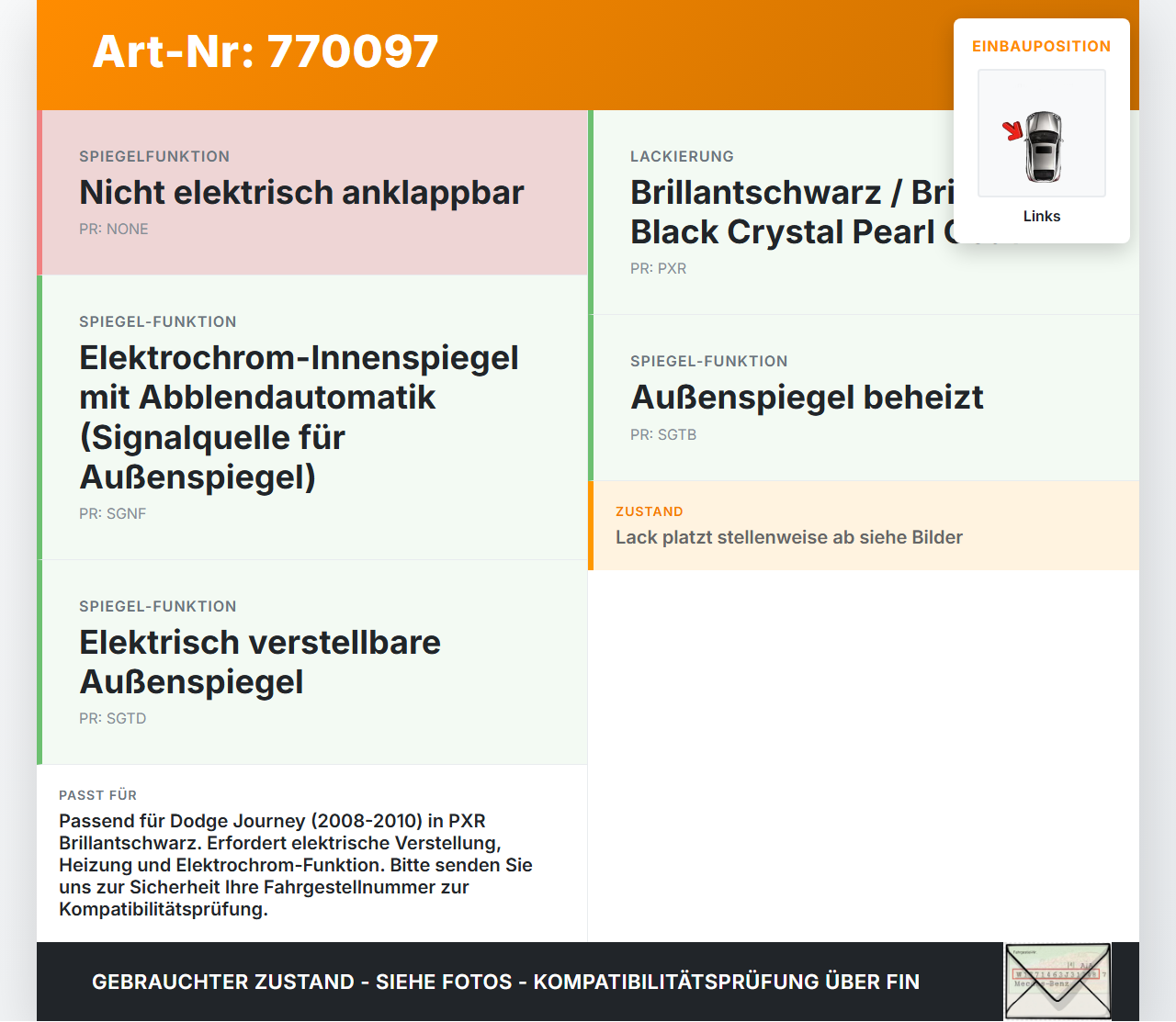Dodge Journey 08-10 Spiegel Aussenspiegel Links beheizt Elektrochrom PXR Dodge Journey 08-10 26.02.2009 gebraucht Vorschau 3