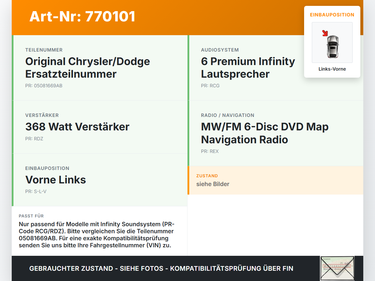 Dodge Journey 08-10 Lautsprecher Links Vorne Orig. Infinity Dodge Journey 08-10 26.02.2009 11608-J0302 05081669AB... Vorschau 3