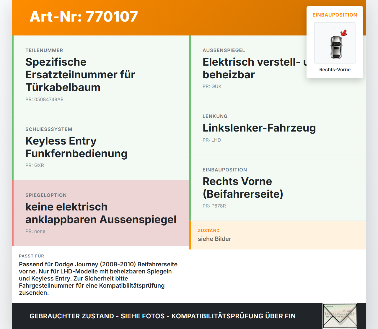 Dodge Journey 08-10 Kombi Kabelbaum Tür und Fensterheber Rechts Vorne Dodge Journey 08-10 26.02.2009 963411-101... Vorschau 3