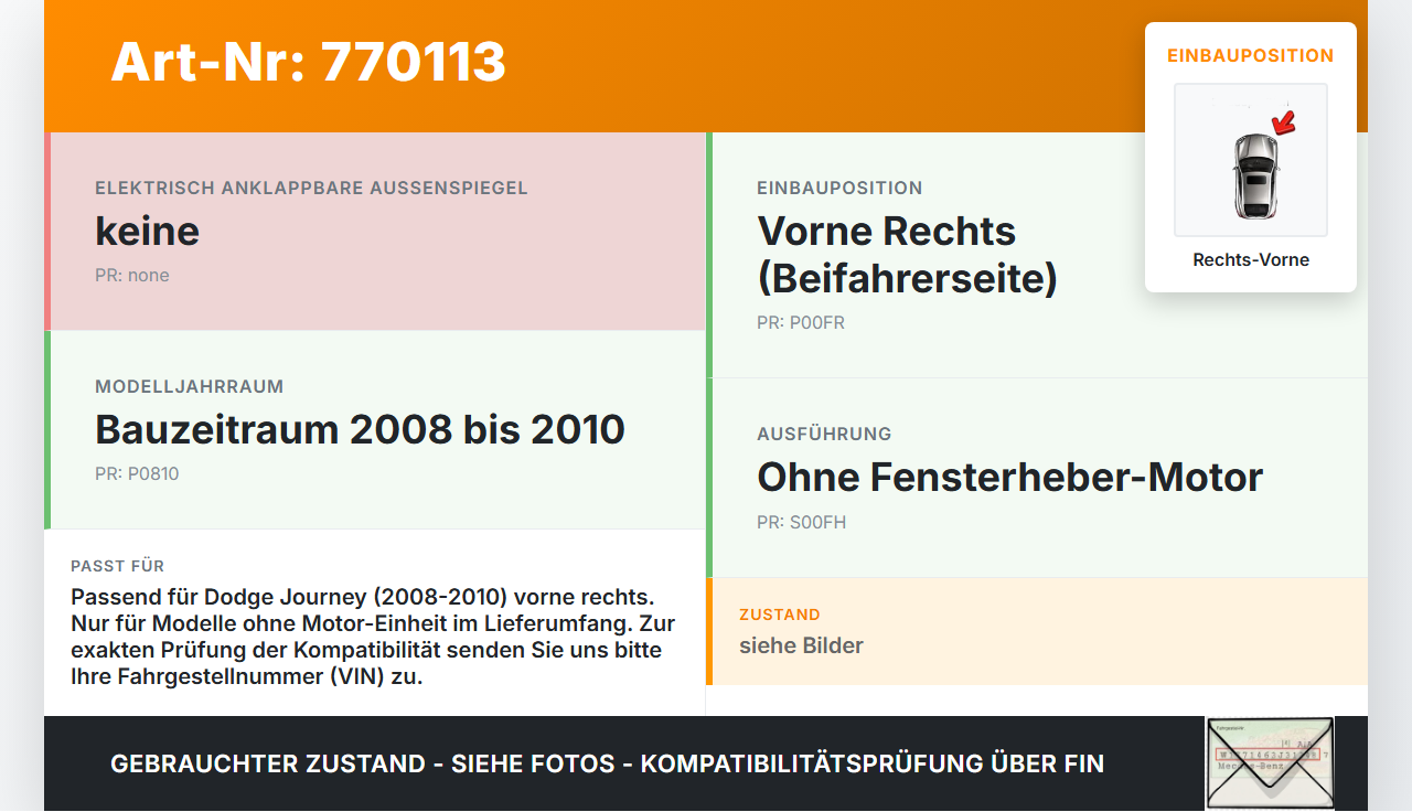 Dodge Journey 08-10 Kombi Fensterheber o. FH-Motor Rechts Vorne Dodge Journey 08-10 26.02.2009 gebraucht Vorschau 3