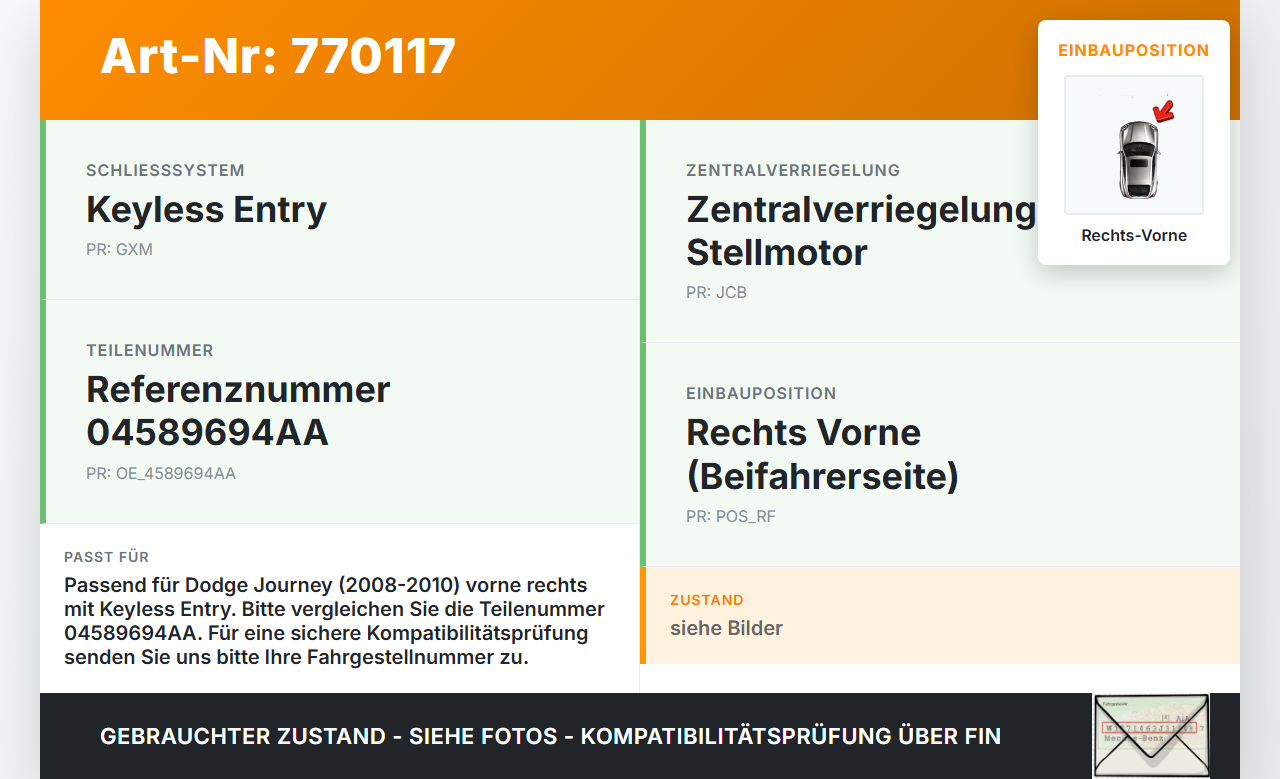 Dodge Journey 08-10 Kombi Türschloss m. ZV Stellmotor Rechts Vorne Dodge Journey 08-10 26.02.2009 04589694AA... Vorschau 3