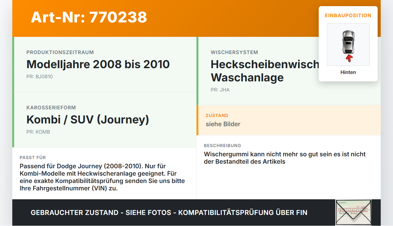 Dodge Journey 08-10 Kombi Heckwischer Scheibenwischer Hinten Wischarm Dodge Journey 08-10 26.02.2009 gebraucht Vorschau 3