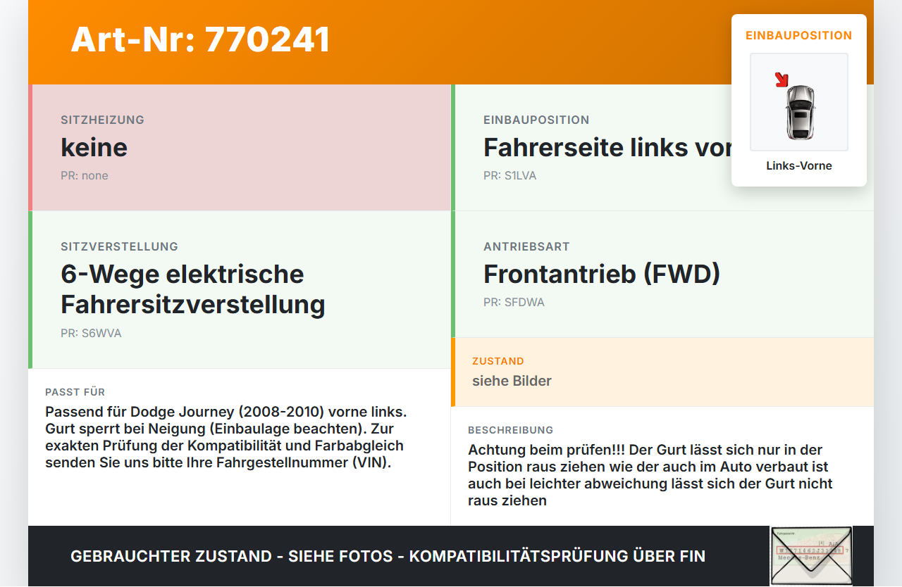 Dodge Journey 08-10 Kombi Gurt Sicherheitsgurt m. Gurtstraffer Fahrer Links Vorne Dodge Journey 08-10 26.02.2009... Vorschau 3