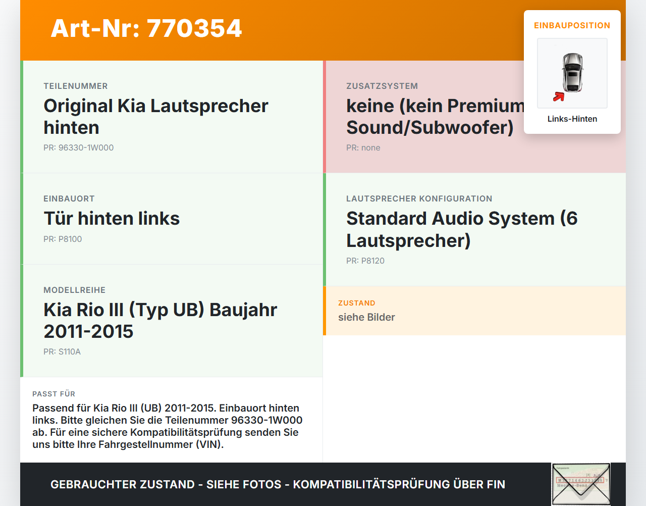 Kia Rio III UB 11-15 Lautsprecher Links Hinten Kia Rio III UB 11-15 05.01.2012 96330-1W000 gebraucht Vorschau 3
