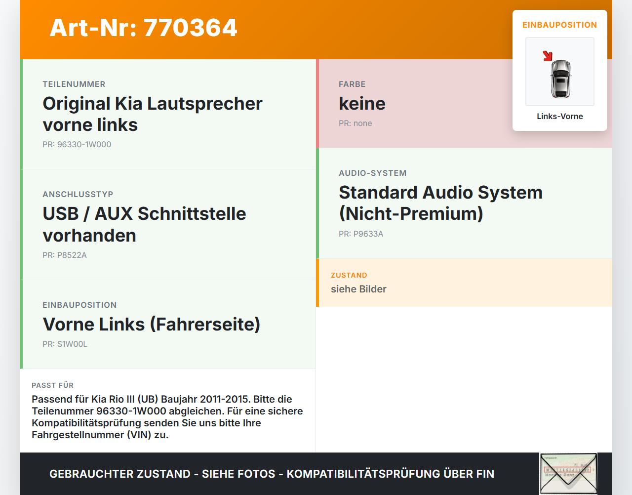 Kia Rio III UB 11-15 Lautsprecher Links Vorne Kia Rio III UB 11-15 05.01.2012 96330-1W000 gebraucht Vorschau 3