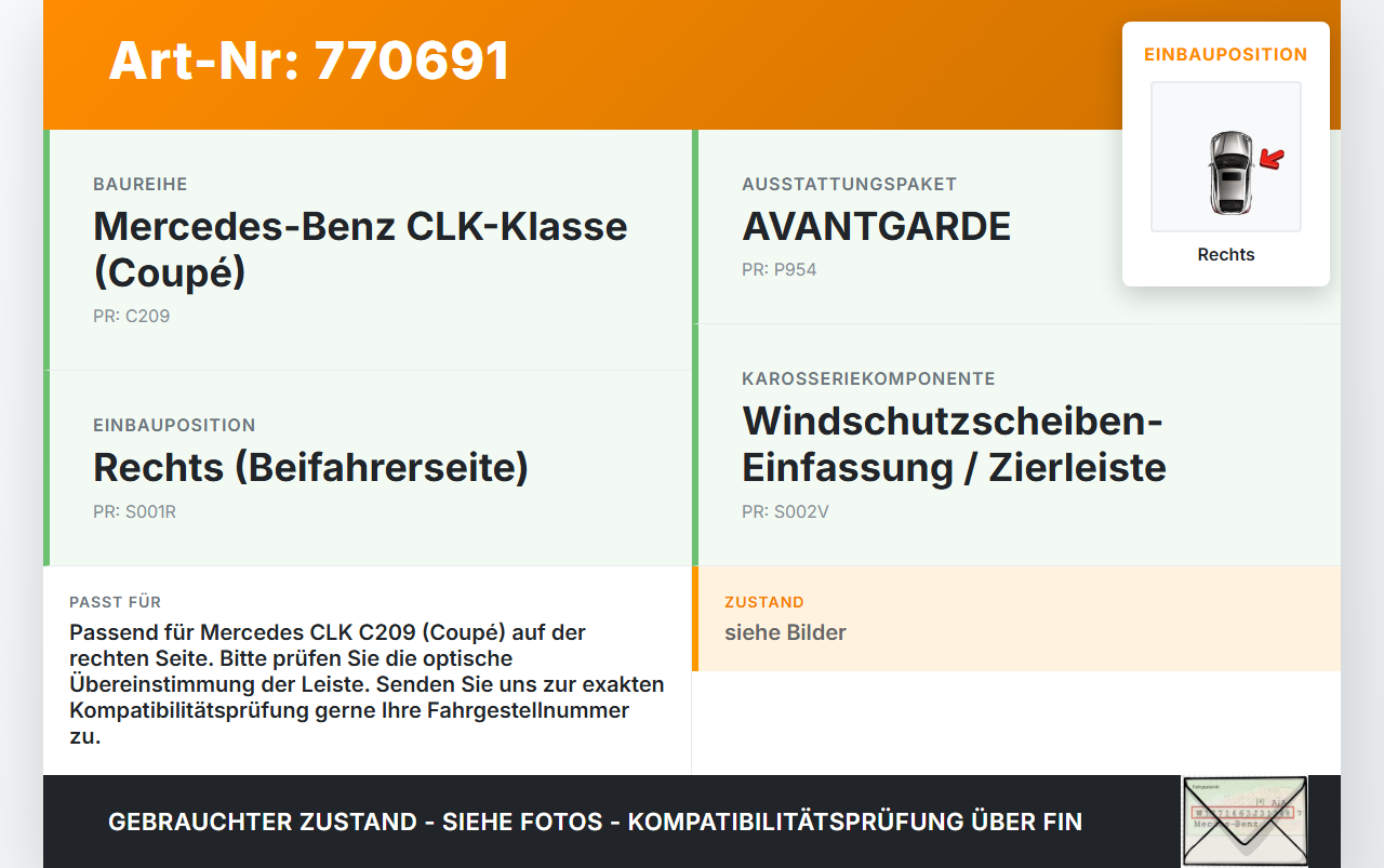 Mercedes C209 CLK 280 K 05-09 Frontblende Frontleiste Rechts für Windschutzscheibe Mercedes C209 CLK 280 K 05-09... Vorschau 3