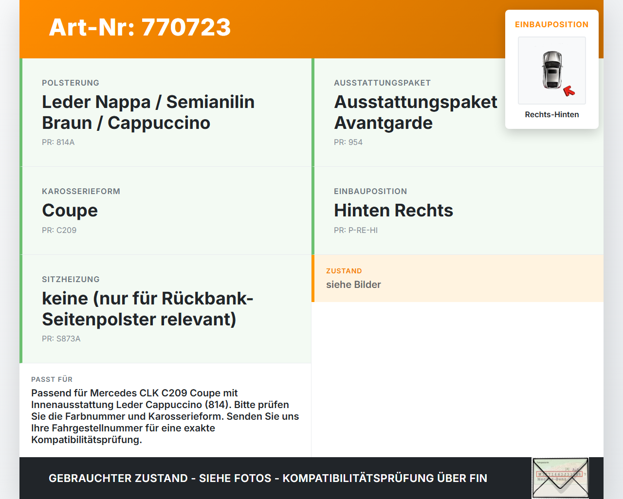 Mercedes C209 CLK 280 K 05-09 Coupe Seitenpolster Rechts für Rücksitzbank Hinten Cappuccino Leder Mercedes C209 CLK... Vorschau 3