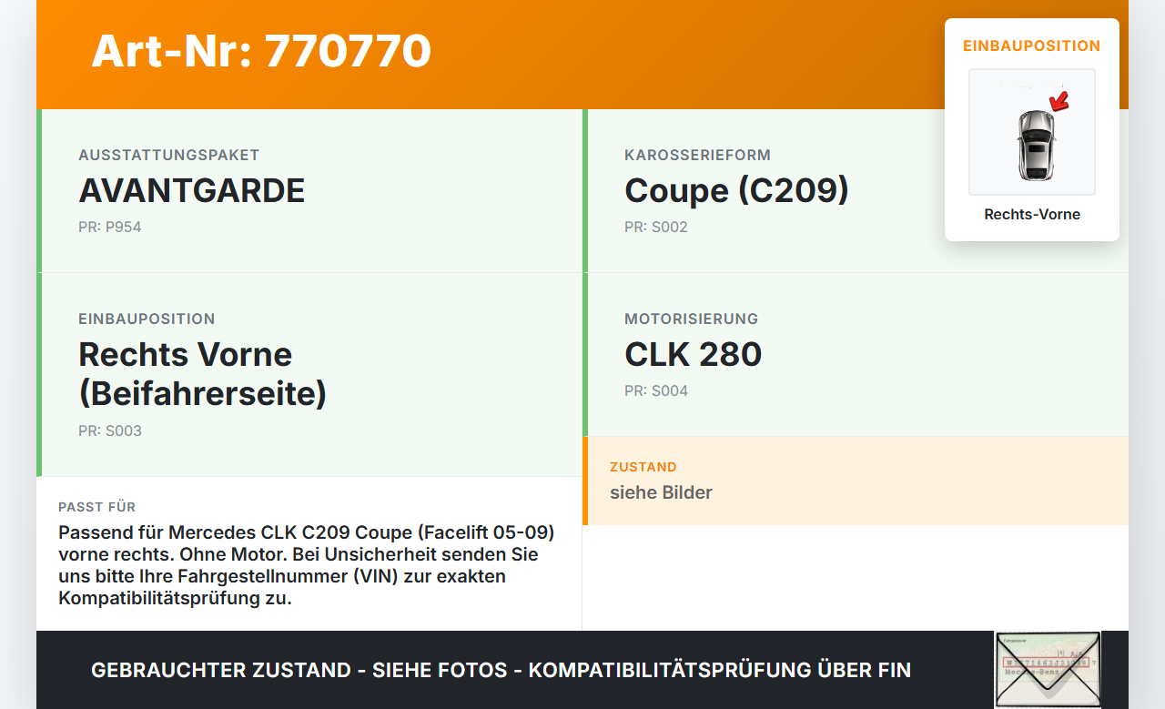 Mercedes C209 CLK 280 K 05-09 Coupe Fensterheber o. FH-Motor Rechts Vorne Mercedes C209 CLK 280 K 05-09 13.05.2008... Vorschau 3
