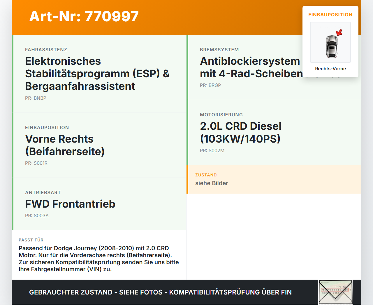 Dodge Journey 08-10 CRD 2,0 103KW Bremssattel Bremszange Vorne Rechts Dodge Journey 08-10 26.02.2009 gebraucht Vorschau 3
