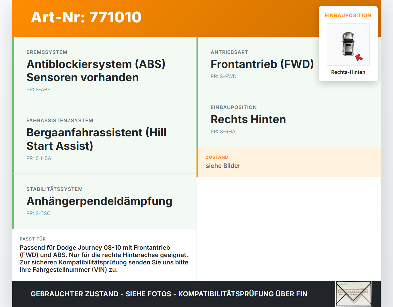 Dodge Journey 08-10 Kombi CRD 2,0 103KW Achsschenkel Radnabe mit ABS Rechts Hinten Dodge Journey 08-10 26.02.2009... Vorschau 3