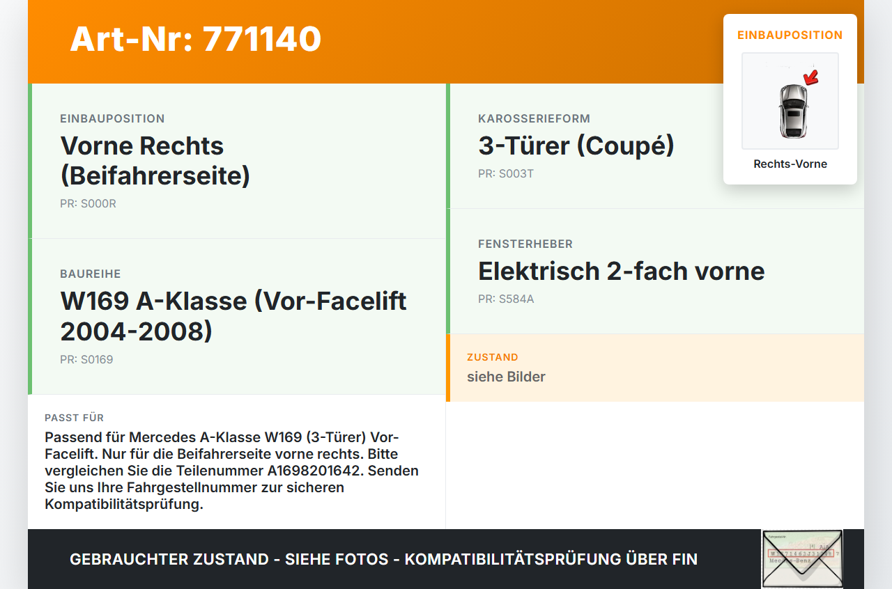 Mercedes A-Kl W169 04-08 3T Fensterhebermotor Rechts Vorne Mercedes A-Kl W169 04-08 17.02.2006 A1698201642... Vorschau 3