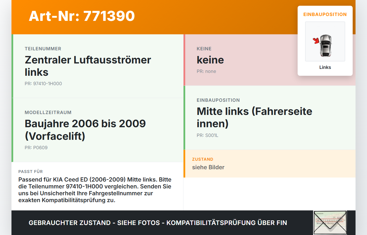 KIA Ceed ED 06-09 Luftdusche Luftdüse Luftausströmer Links Mitte KIA Ceed ED 06-09 29.02.2008 97410-1H000 gebraucht Vorschau 3
