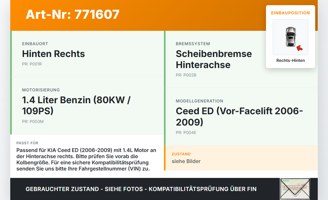 KIA Ceed ED 06-09 1,4 80KW Bremssattel Bremszange Hinten Rechts KIA Ceed ED 06-09 29.02.2008 gebraucht Vorschau 3