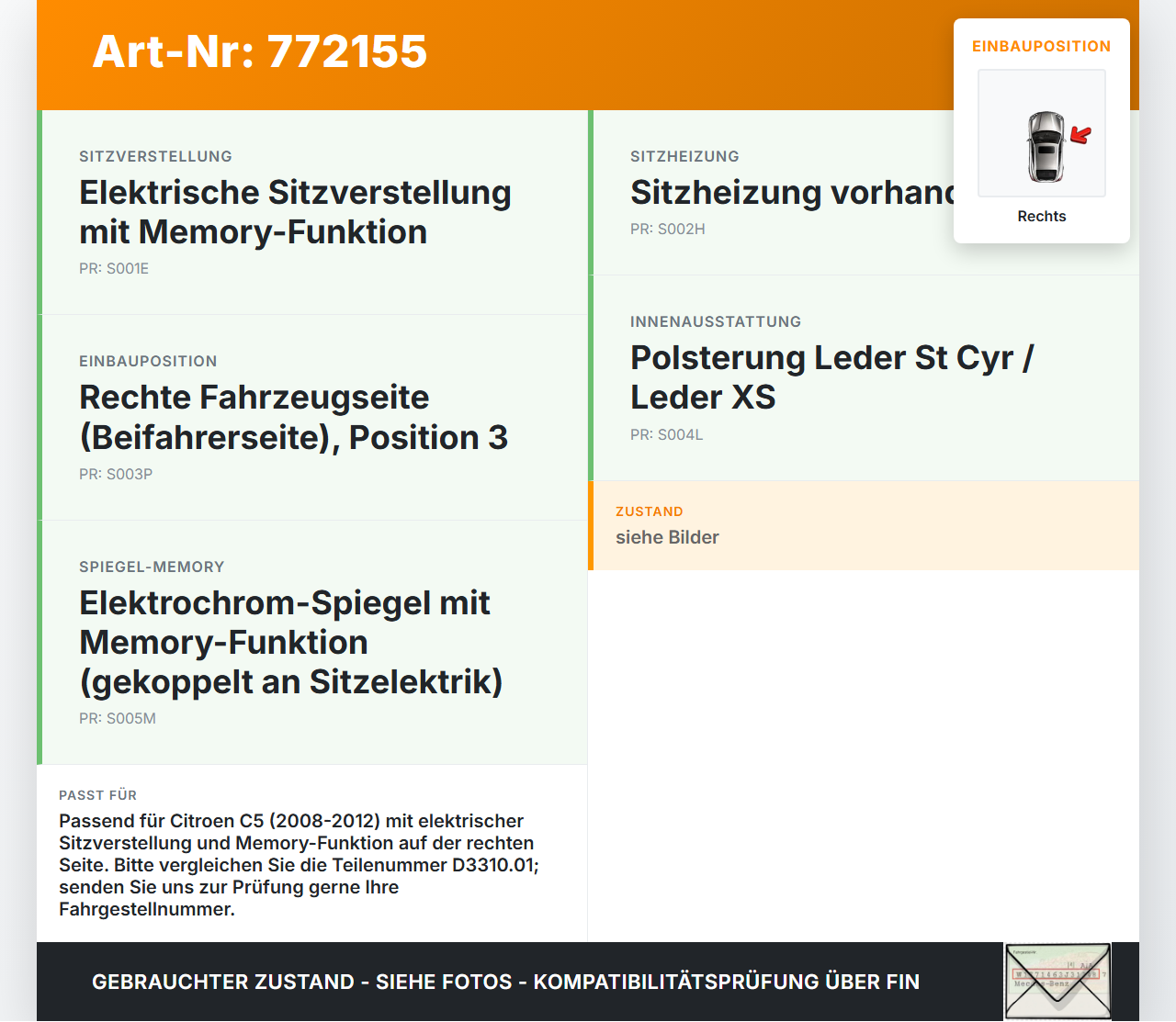 Citroen C5 08-12 Stellmotor für Elektrische Sitzverstellung Rechts Pos.3 Citroen C5 08-12 29.01.2008 988582-103... Vorschau 3